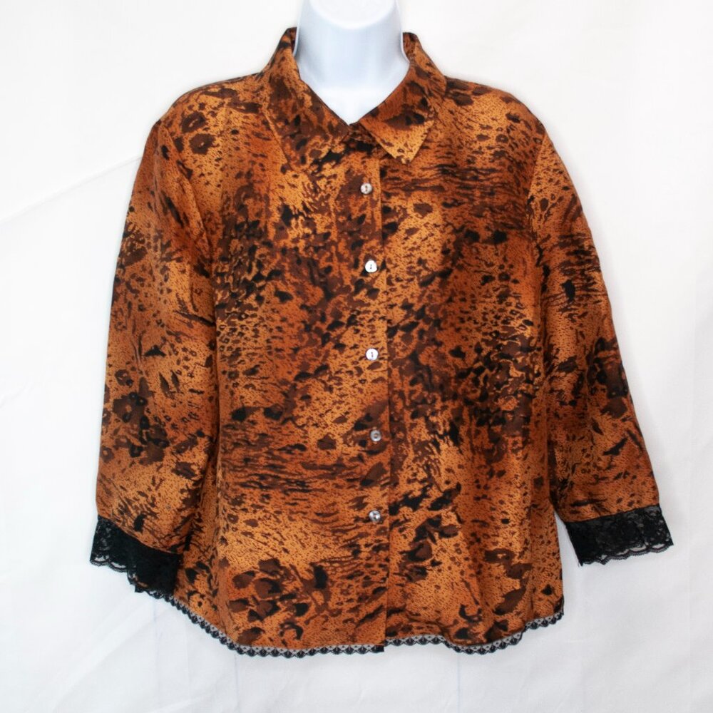 Harris Wallace Silk Animal Print Top Womens Large L Brown Blouse Lace Trim C13